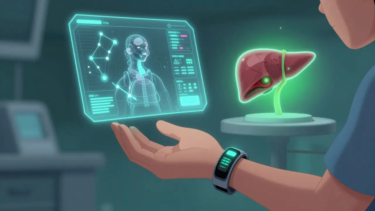 A wearable device projecting portal pressure data above a patient's wrist, with AI and liver health visuals floating nearby.