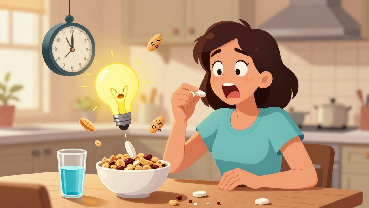 A woman taking thyroid medication as a calcium-rich cereal bowl interferes, dimming her thyroid like a lightbulb.