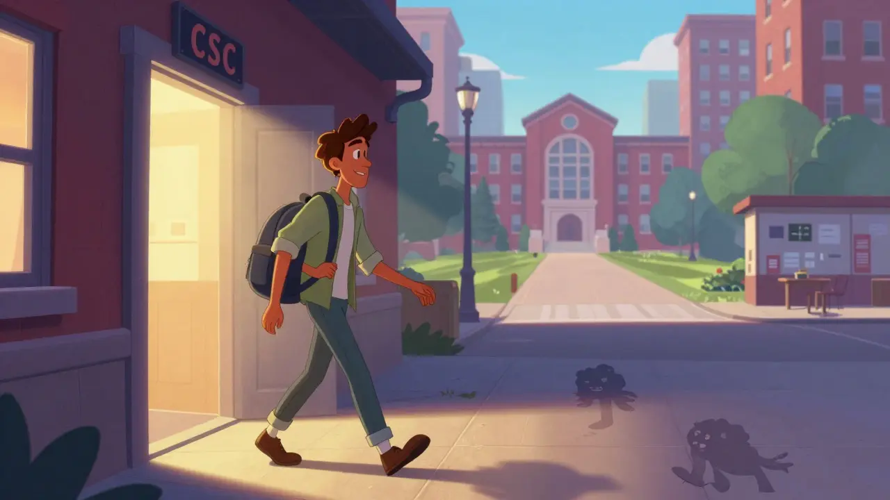 A young adult walking toward a bright future, leaving behind fading shadowy voices.