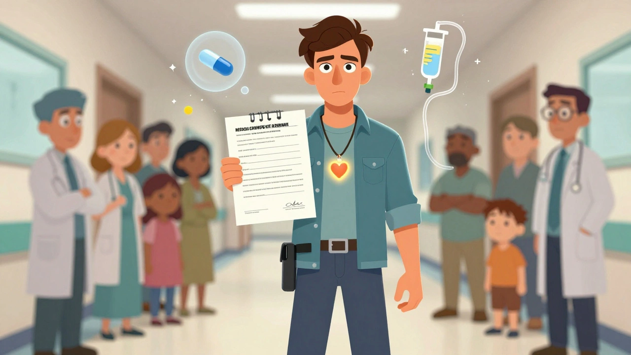 Agent confidently holding a medical power of attorney form in a hospital hallway as medical icons fade away.