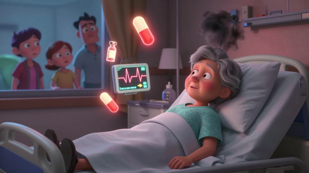 An elderly woman in a hospital bed surrounded by glowing drug symbols and a toxic cloud rising from her body.