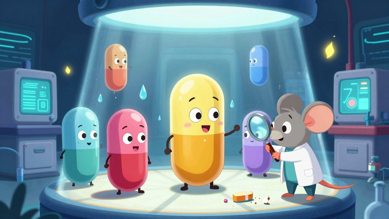 Anthropomorphic pills being tested in a colorful lab with humidity, light, and data visuals.