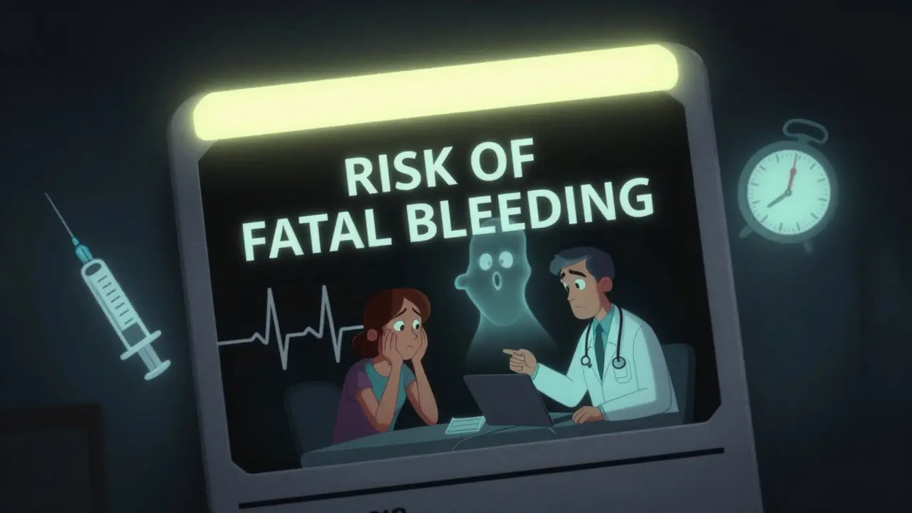 Black box warning on prescription label casting dramatic shadows over patient and doctor.