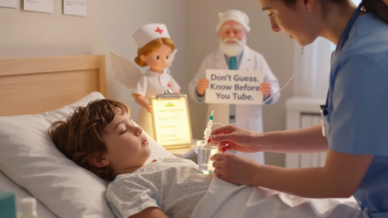 Caregiver flushing a feeding tube as a sleeping patient rests, with glowing safety checklist nearby.