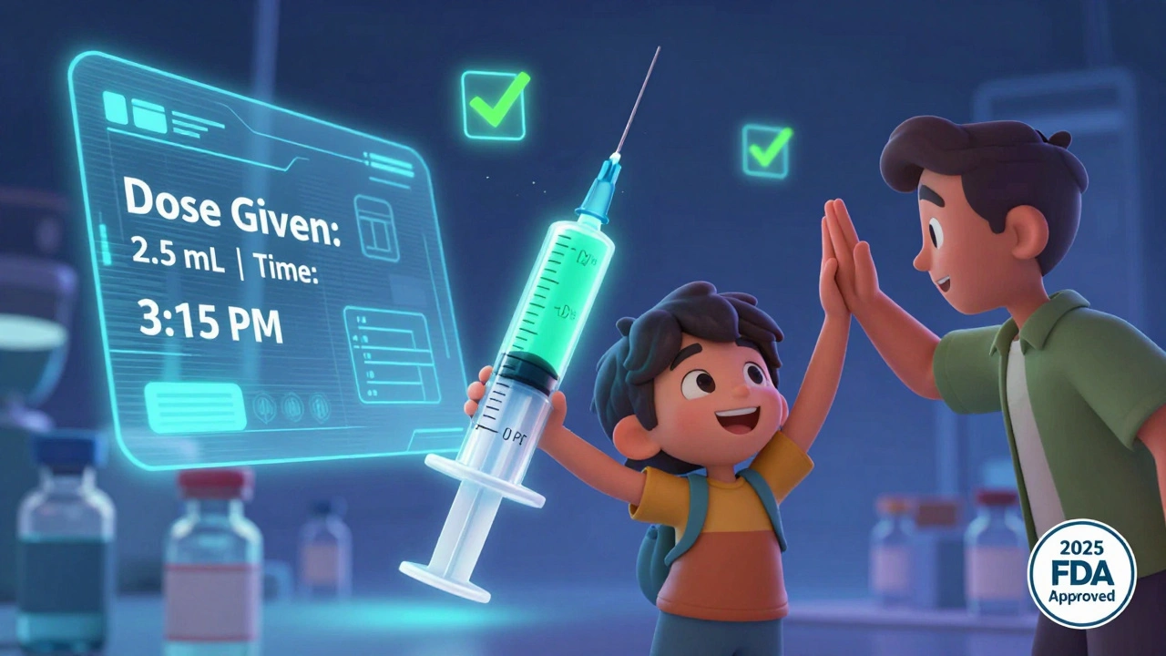 Color-changing syringe glowing green after accurate dosing, with a child holding it and a floating app display.