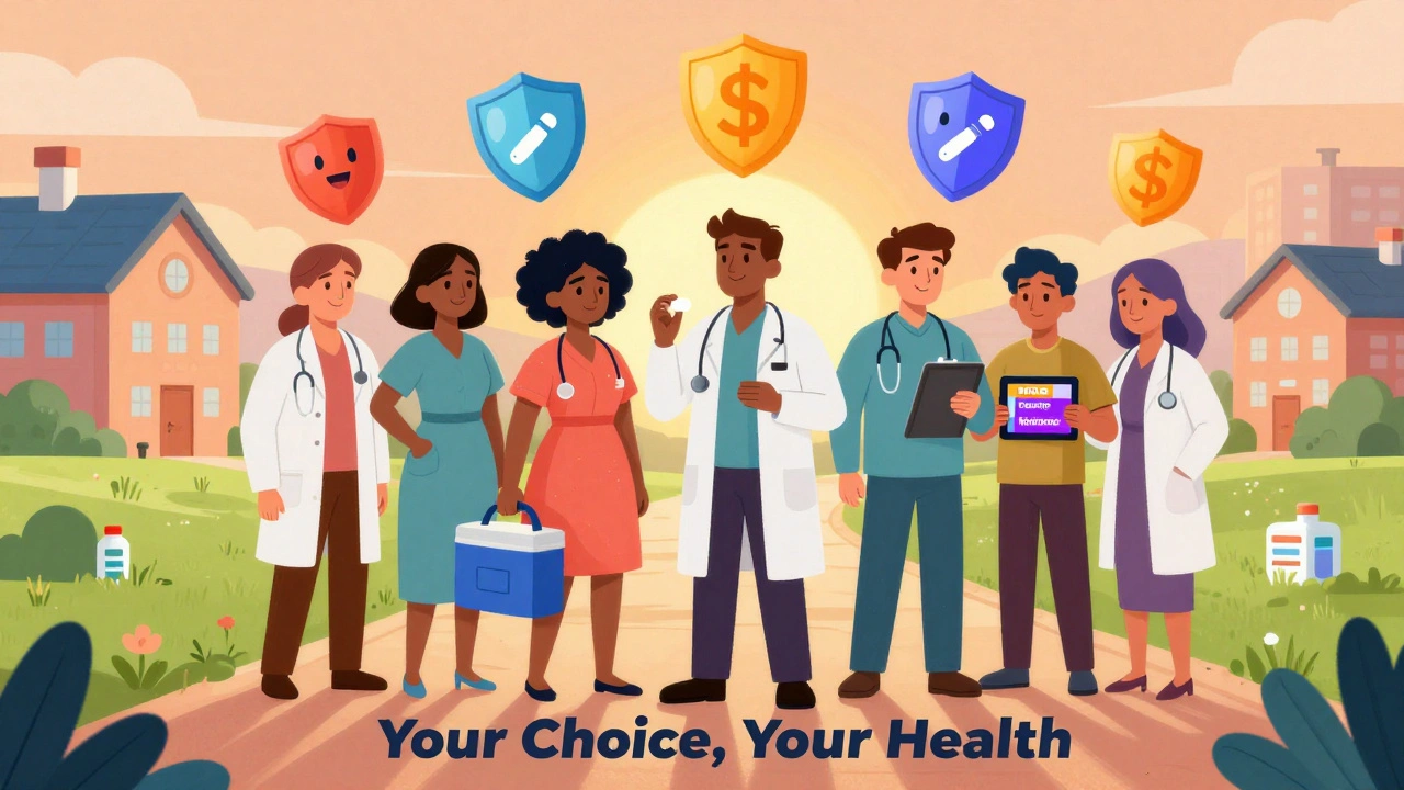 Diverse patients on a health path with generic pills, biosimilar pens, and FDA books floating above.