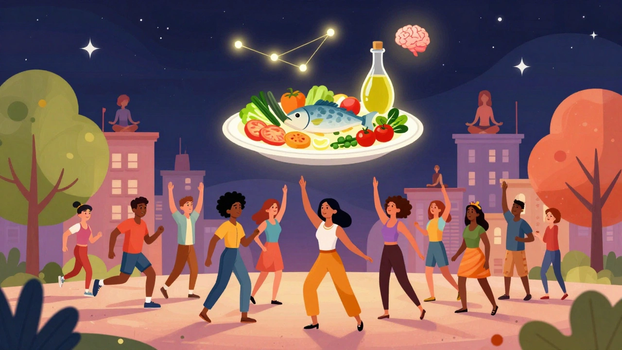 Diverse people exercise and eat healthily in a colorful city, with a glowing healthy plate and pulsing brain above them.