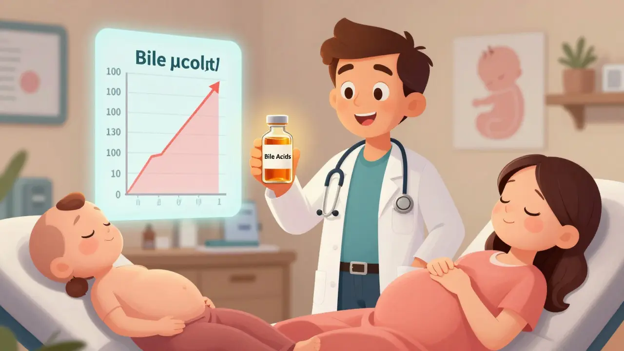 Doctor showing a pregnant patient a glowing bile acid test vial, with a baby silhouette in the background.