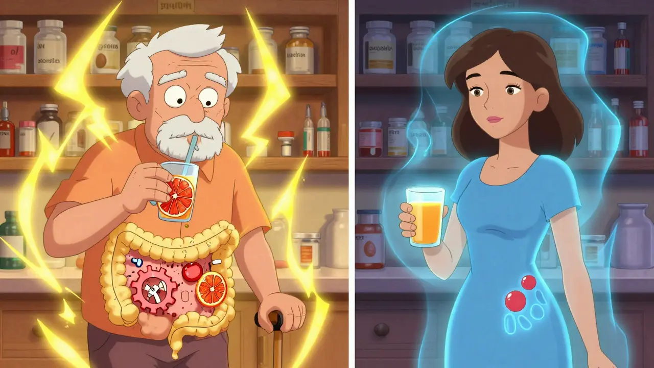 Elderly man taking sertraline with grapefruit juice as warning energy radiates, while another woman takes escitalopram safely with orange juice.