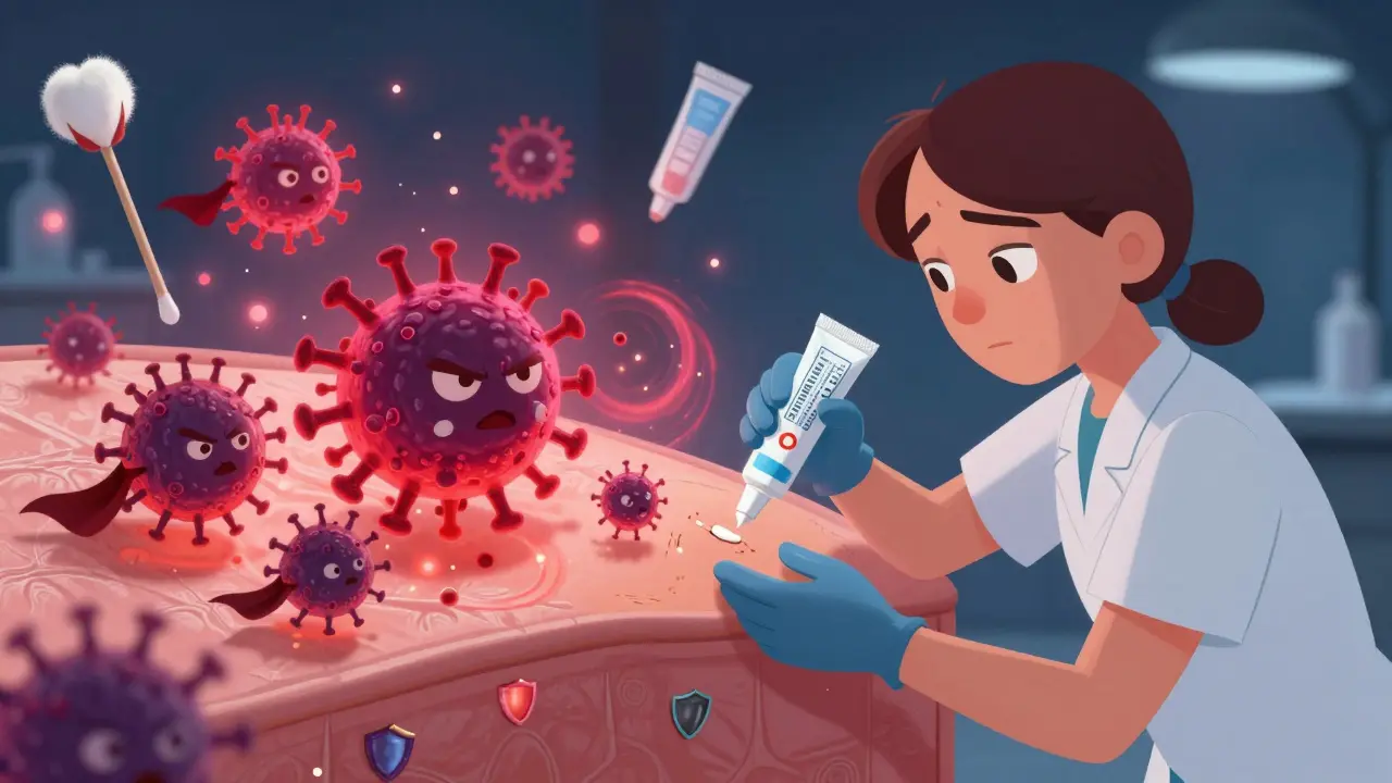 Immune cells fighting HPV viruses under skin with glowing cream application