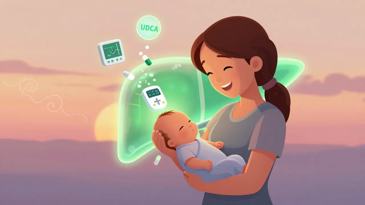 Mother holding newborn as a healthy liver glows behind her, with medical icons fading into sunrise light.