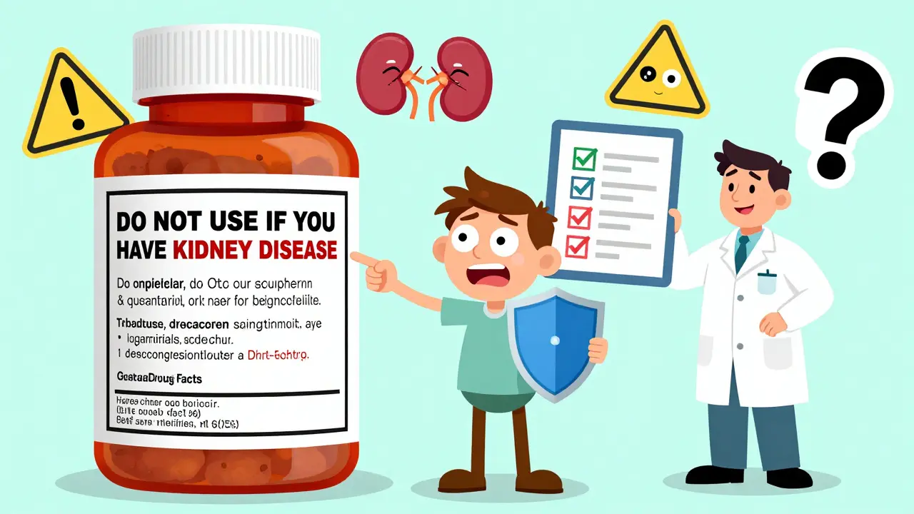 Patient reading OTC drug label with red warning text and cartoon warning icons around them.