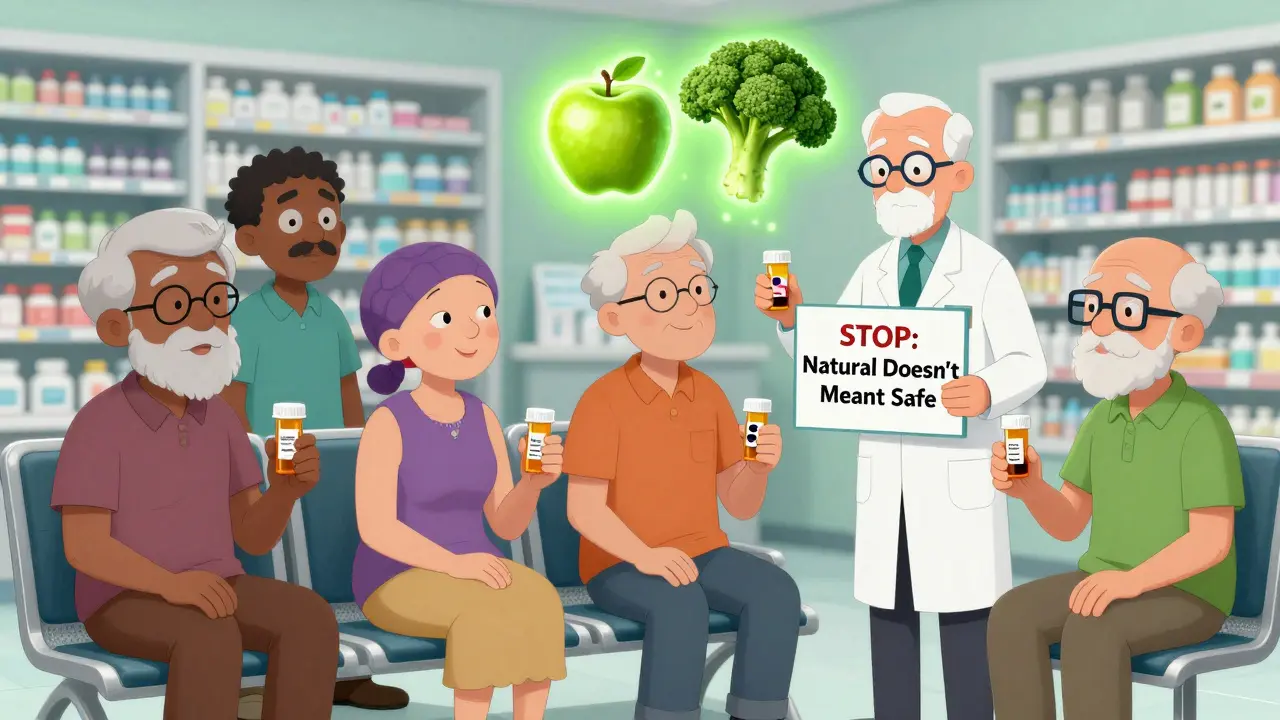 Patients in a pharmacy with quercetin pills, guided by a pharmacist holding a safety warning, with healthy foods glowing safely behind them.