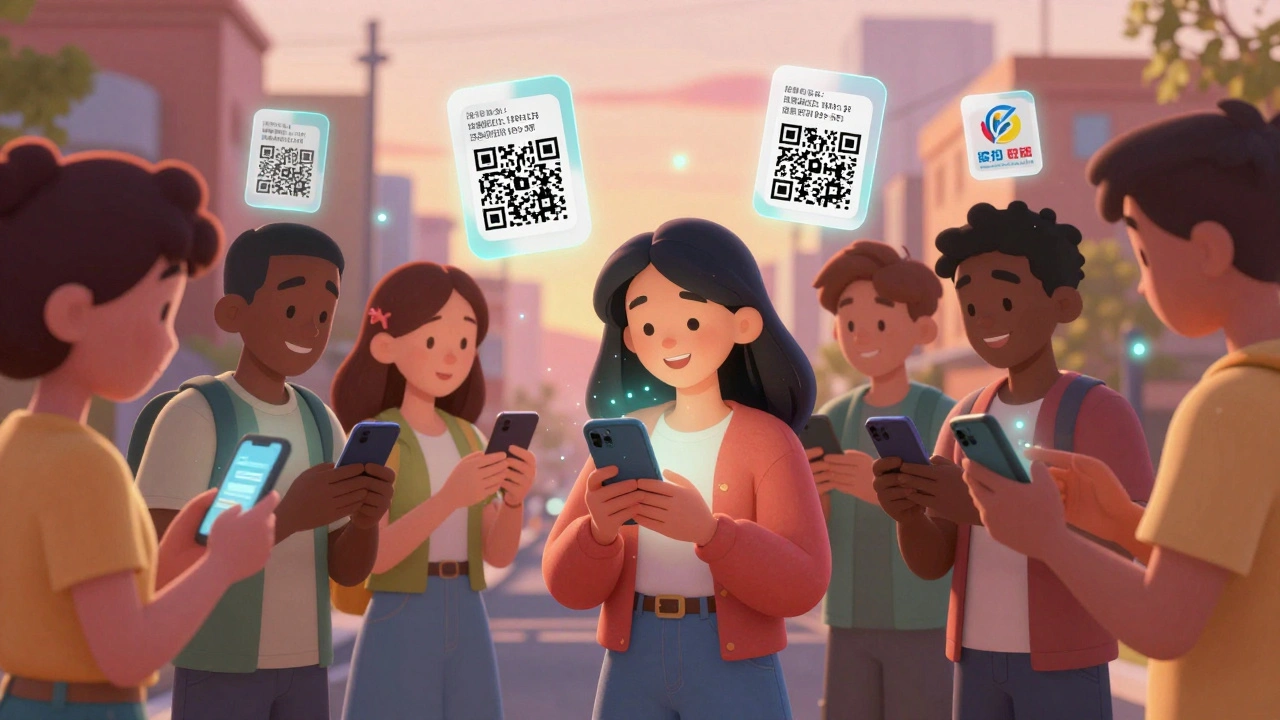 People scanning medicine QR codes with holographic safety details appearing above.