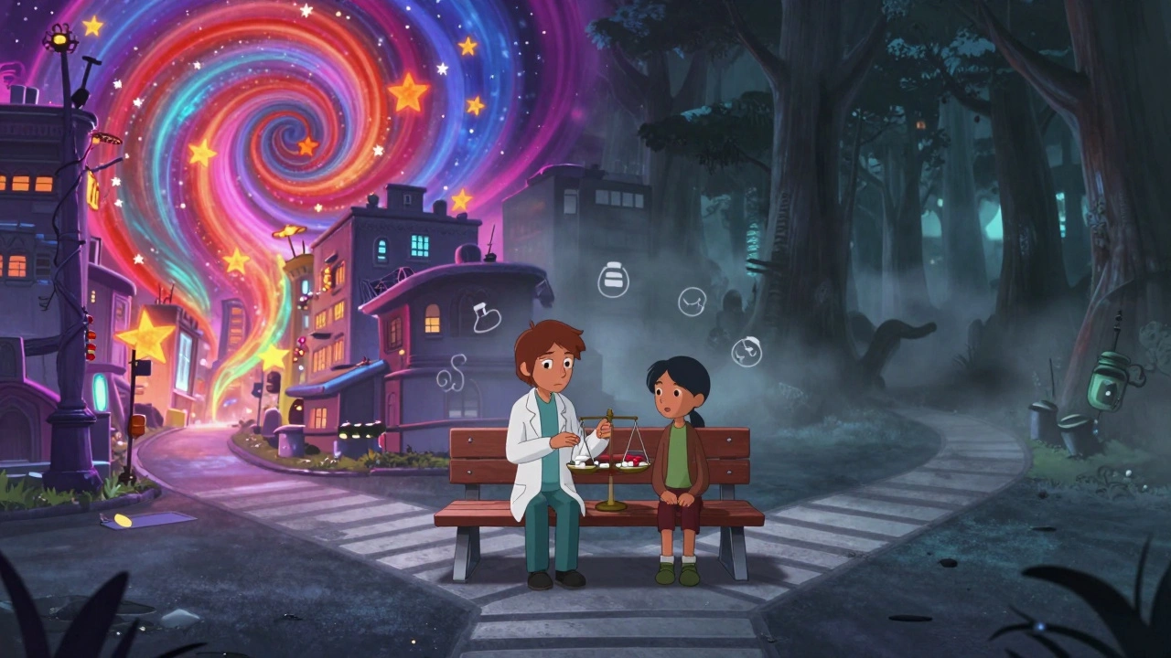 Person at a crossroads between manic chaos and depressive fog, doctor and patient balancing medication on a scale, DreamWorks animation style.