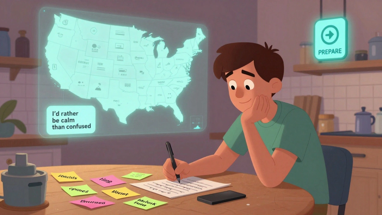 Person writing medication preferences on sticky notes with a video recording screen floating nearby.