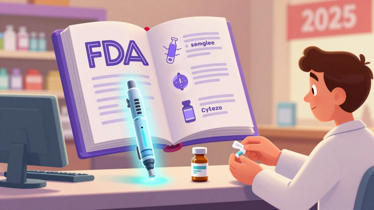 Pharmacist giving patient generic pill while biosimilar insulin pen with cold pack sits nearby.