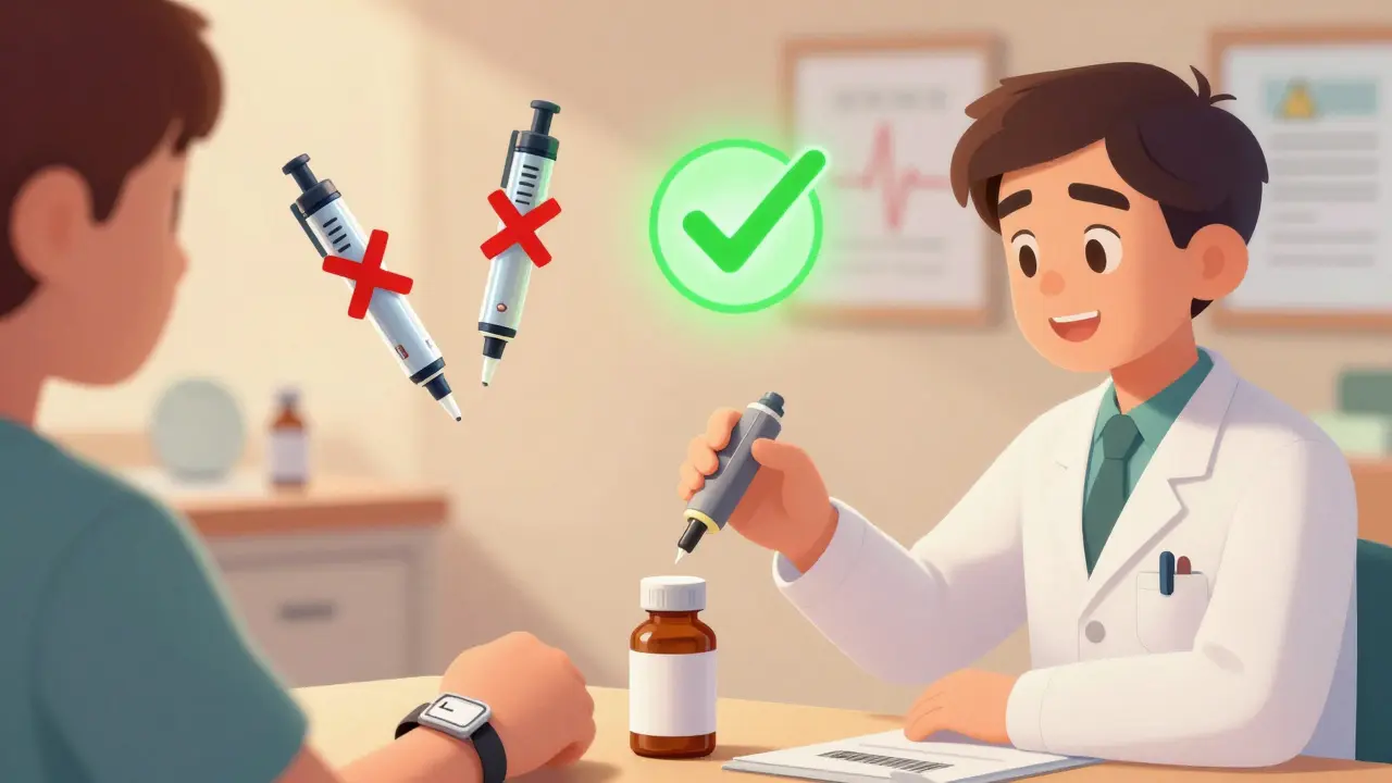 Pharmacist scanning barcode with green checkmark floating above, two insulin pens marked with red Xs nearby.