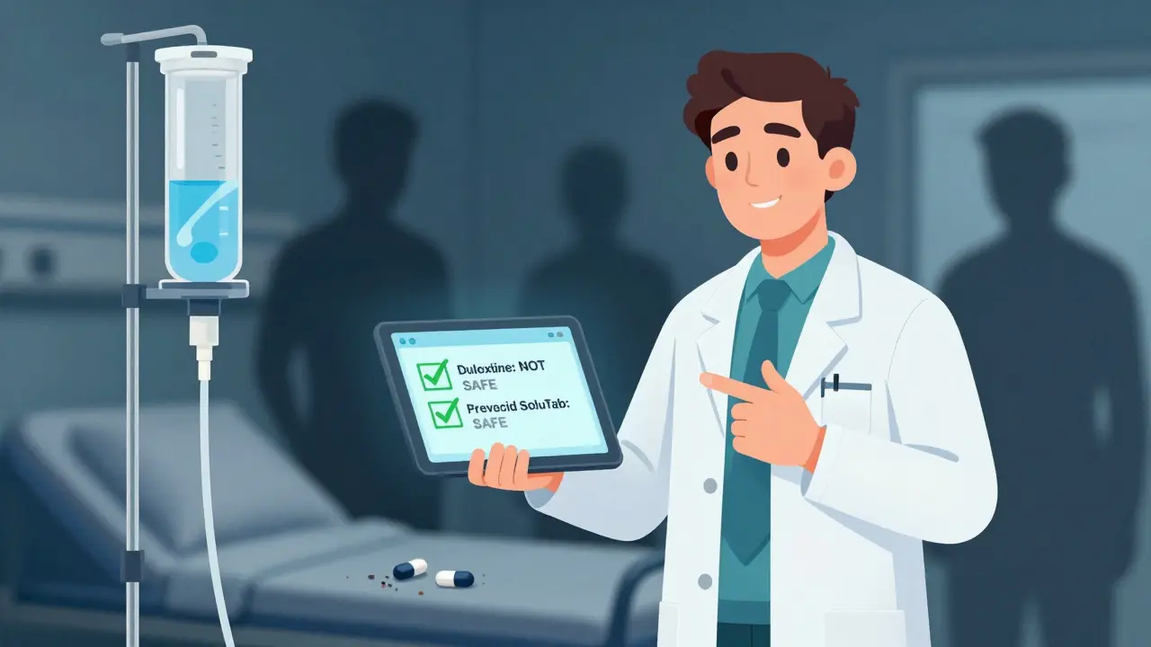 Pharmacist showing medication compatibility chart, with safe and unsafe pills highlighted on a tablet.