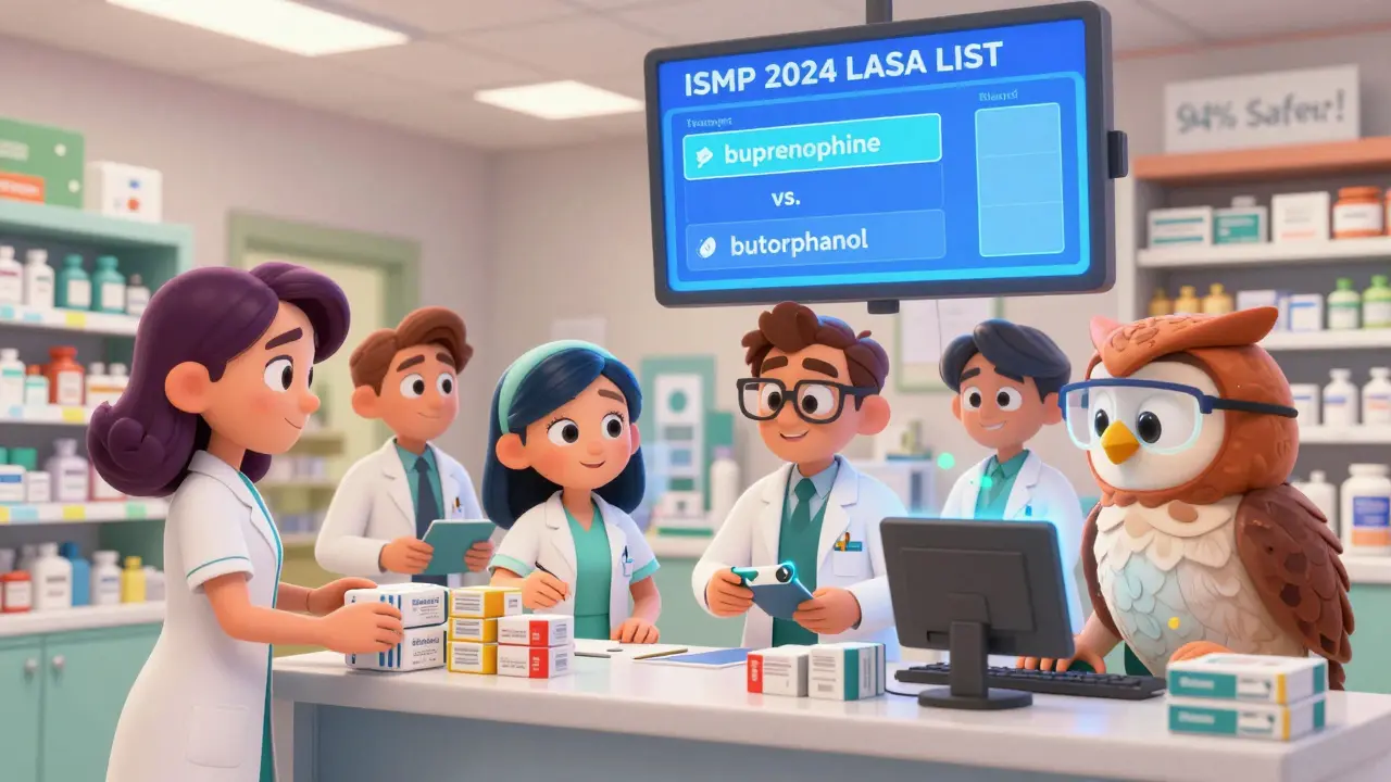 Pharmacy team sorting new drugs with floating checklist and AI glasses scanning packaging, warning lights glowing.