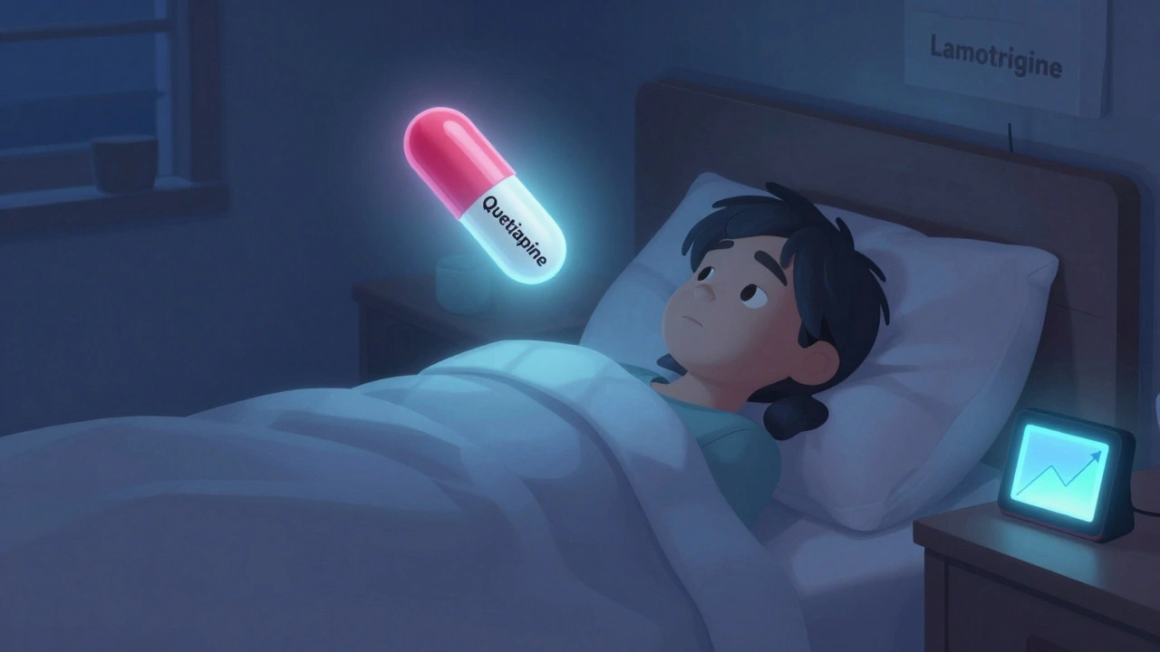 Someone in bed with two floating pills casting foggy and calming lights, mood tracker glowing on nightstand, dreamy illustration style.