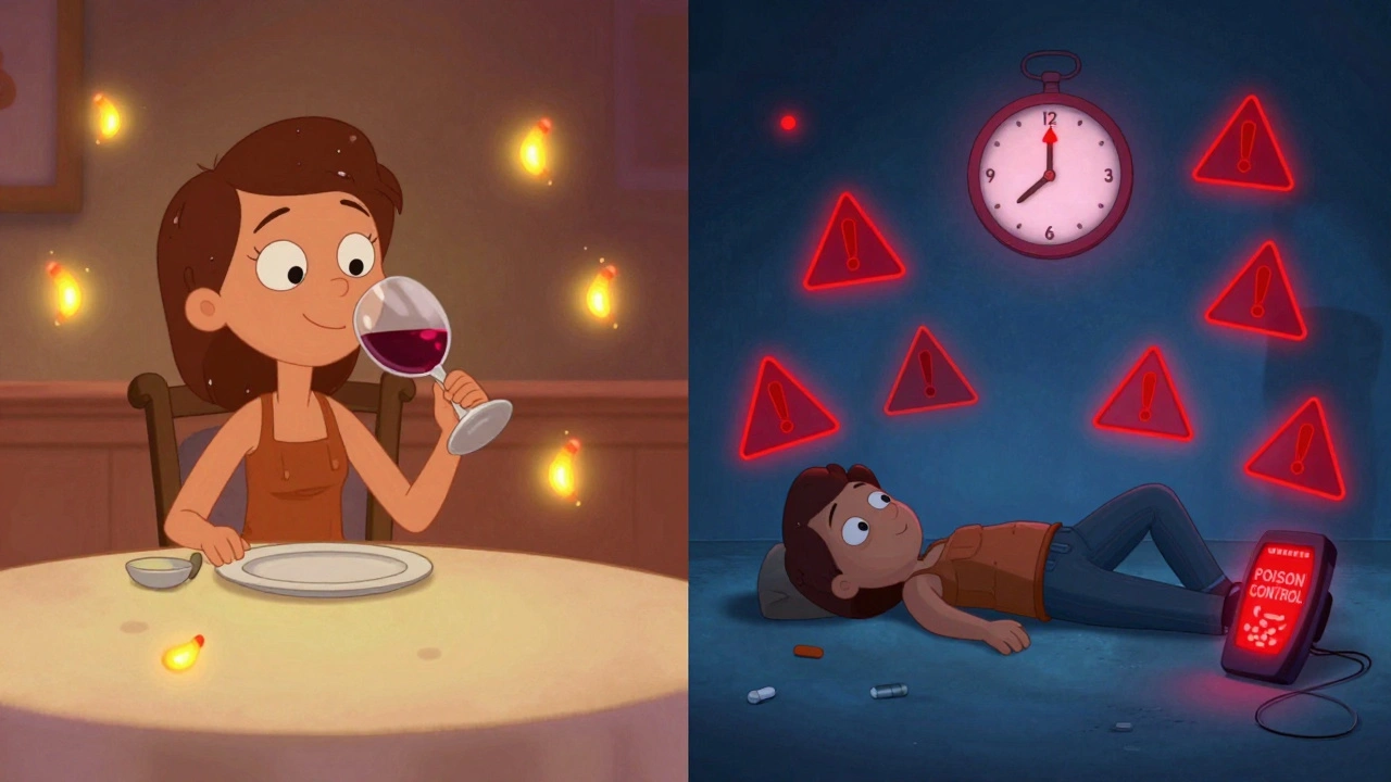 Split scene: person drinking wine happily vs. collapsed with warning symbols and a 72-hour clock.