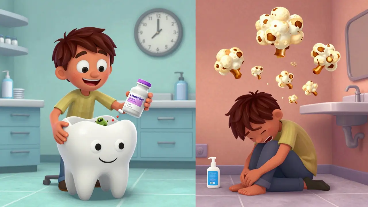 Split scene: person gets clindamycin at dentist, then suffers C. diff symptoms weeks later.