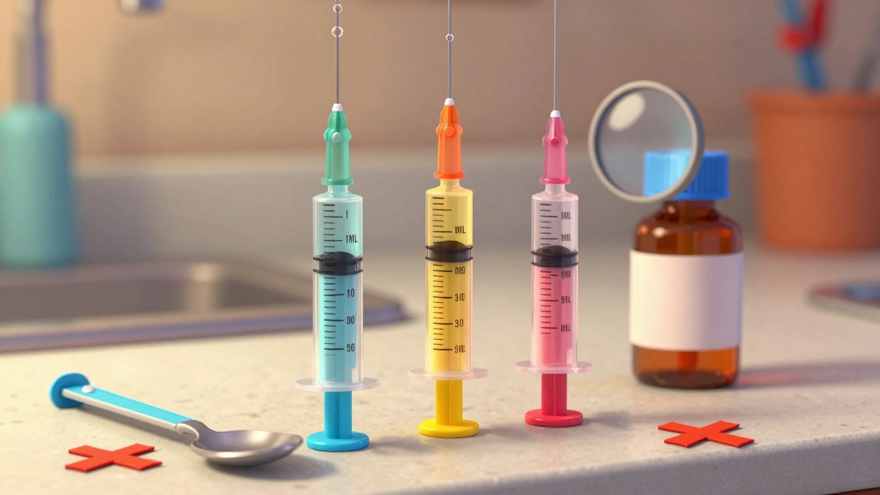 Three pediatric syringes labeled by size next to a medicine bottle, with discarded spoons and caps marked with Xs.