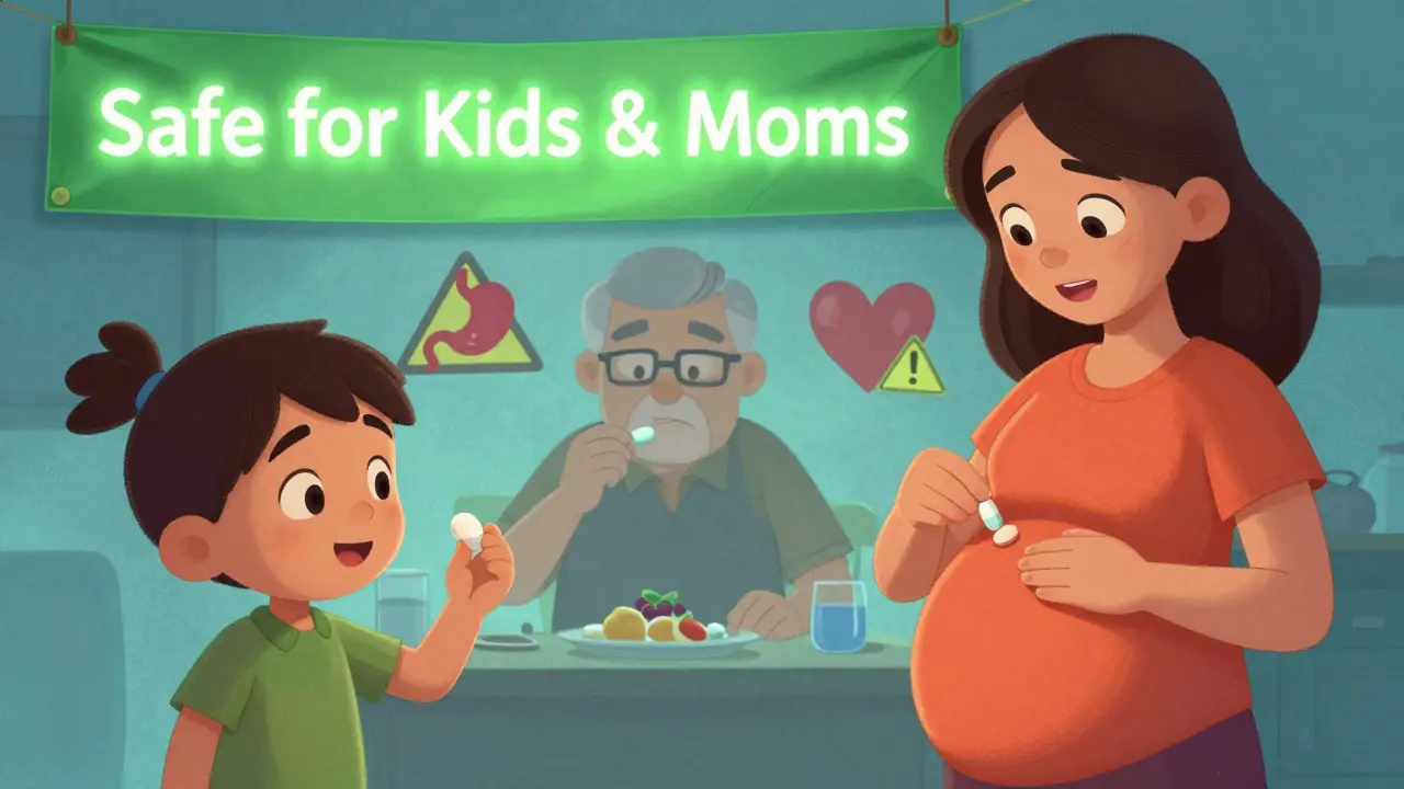A child and pregnant woman taking acetaminophen safely, while an adult takes NSAID with food, surrounded by warning symbols in DreamWorks style.