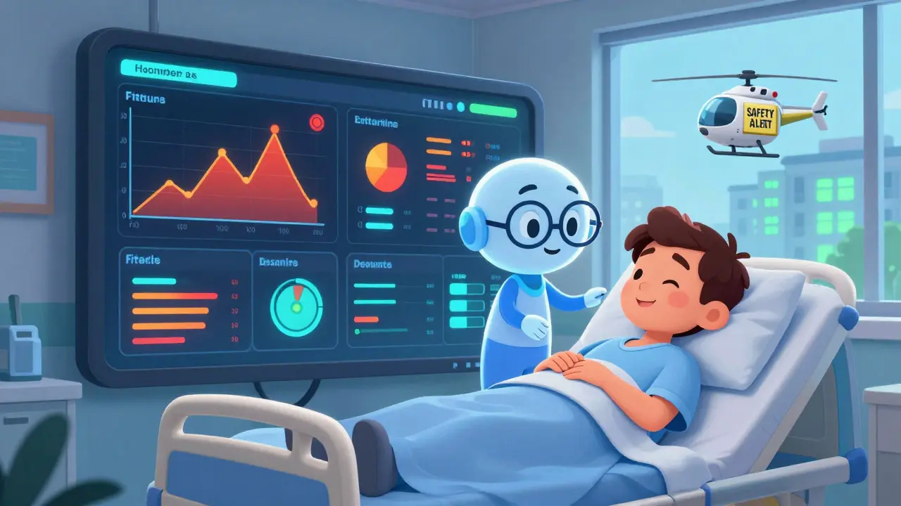 A digital dashboard displaying patient-reported symptoms above a hospital bed, with an AI assistant offering comfort.