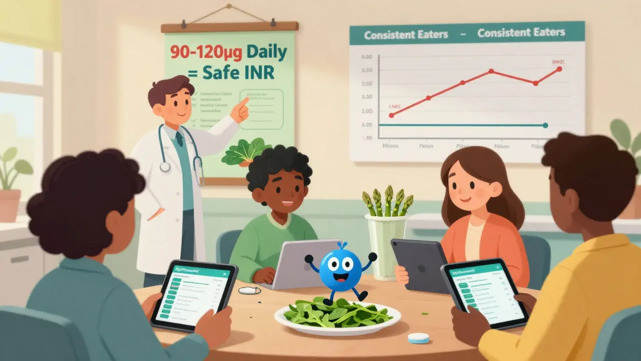 A doctor pointing to a poster about daily vitamin K intake while patients log meals in a clinic.