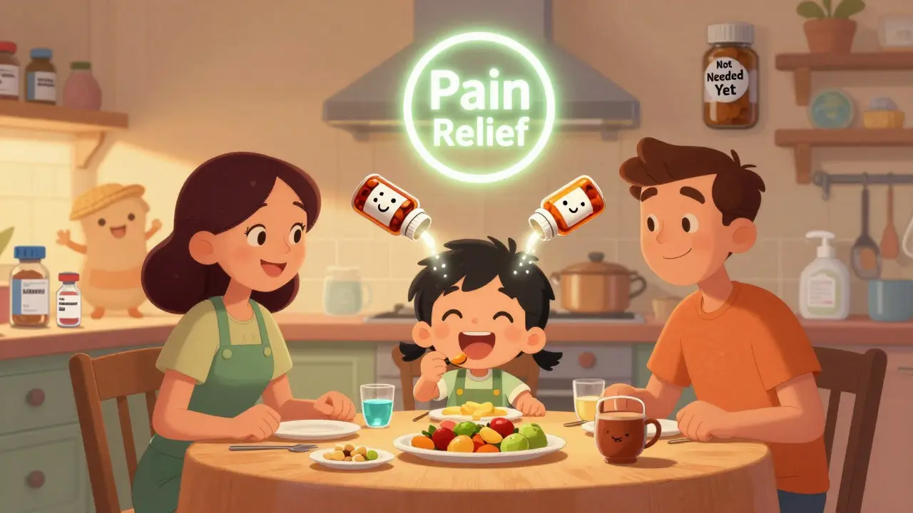 A family at dinner with pain relief icons glowing above, antibiotic bottle fading, vaccines visible in background.