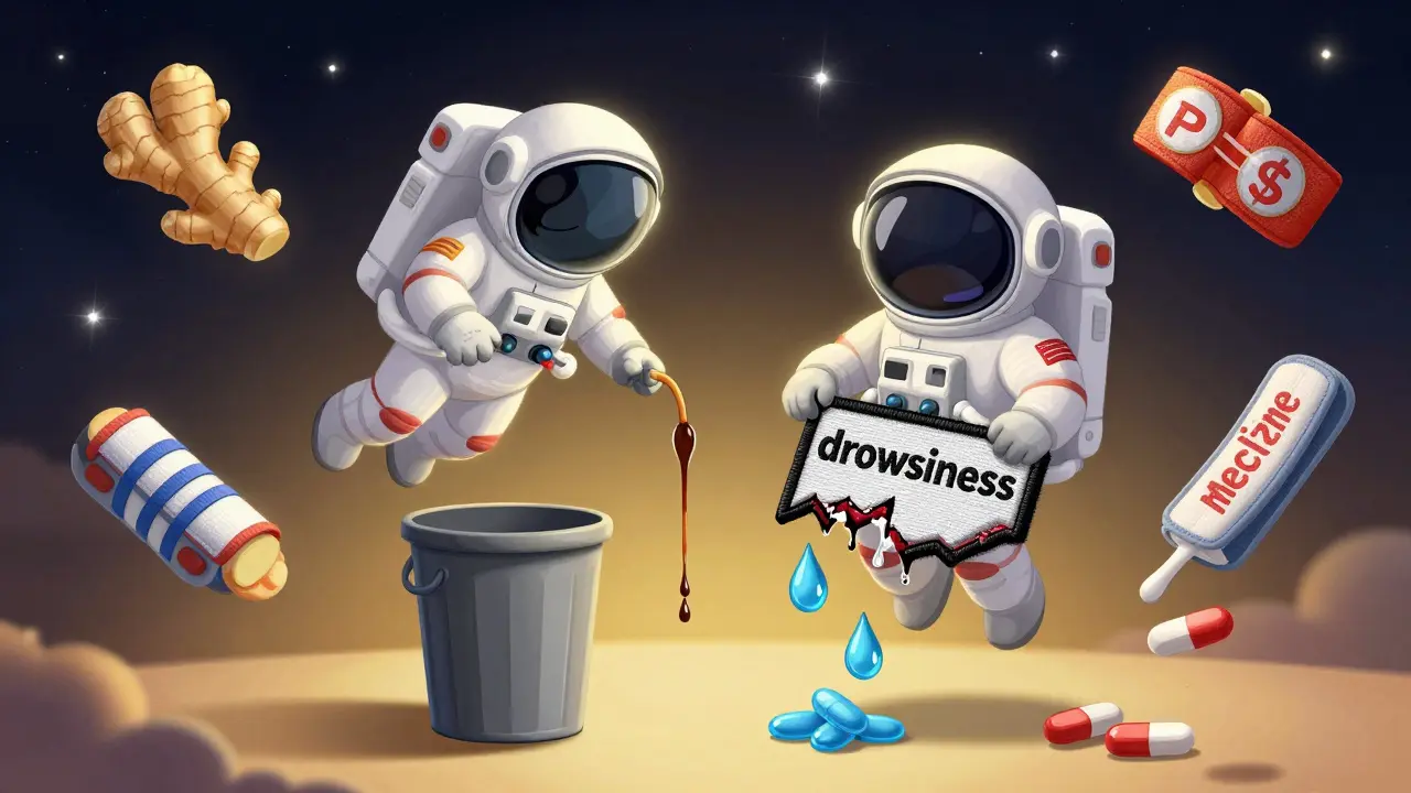 A futuristic caffeine-enhanced patch floats above a sleepy astronaut, with non-drug alternatives nearby in a starry space scene.