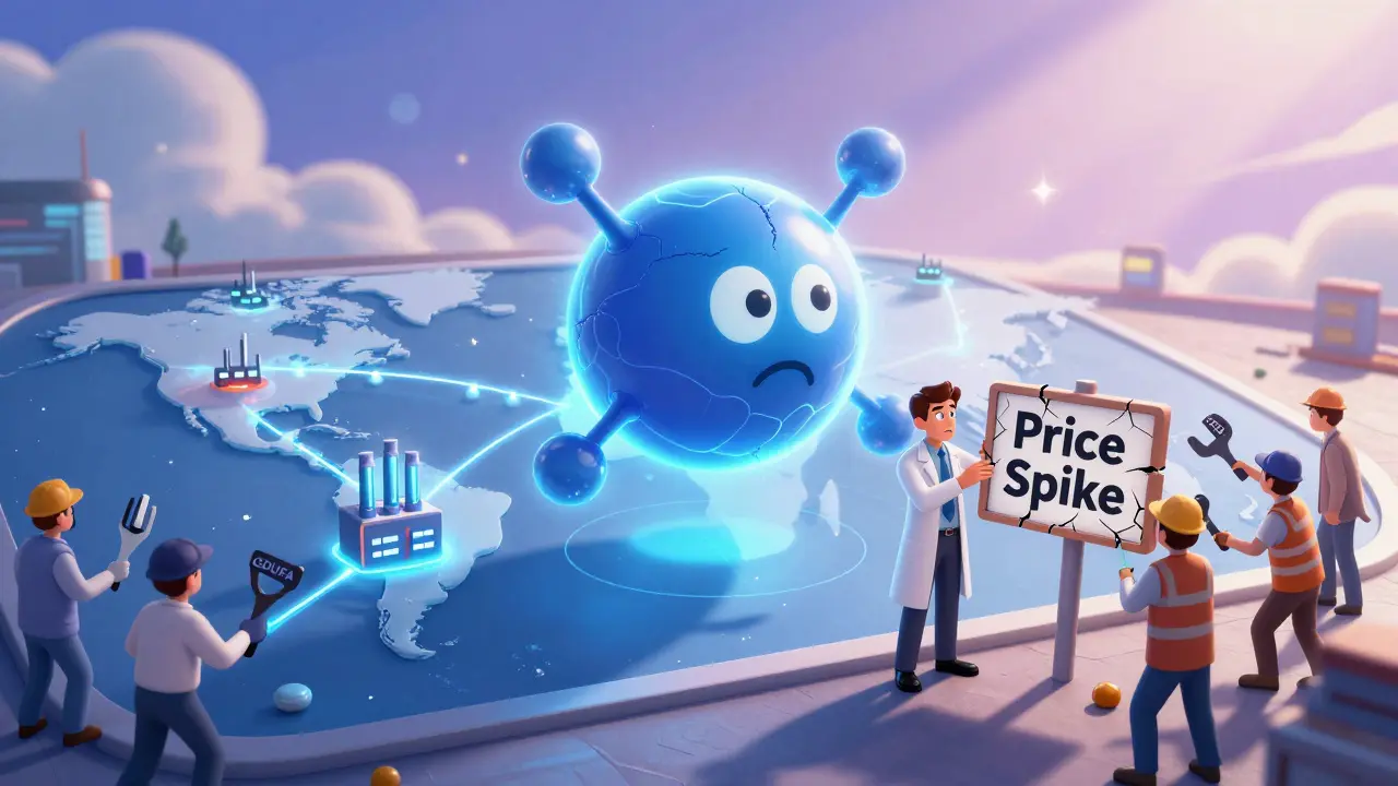 A glowing biosimilar molecule above a global map with supply chains and FDA workers repairing a price spike sign.