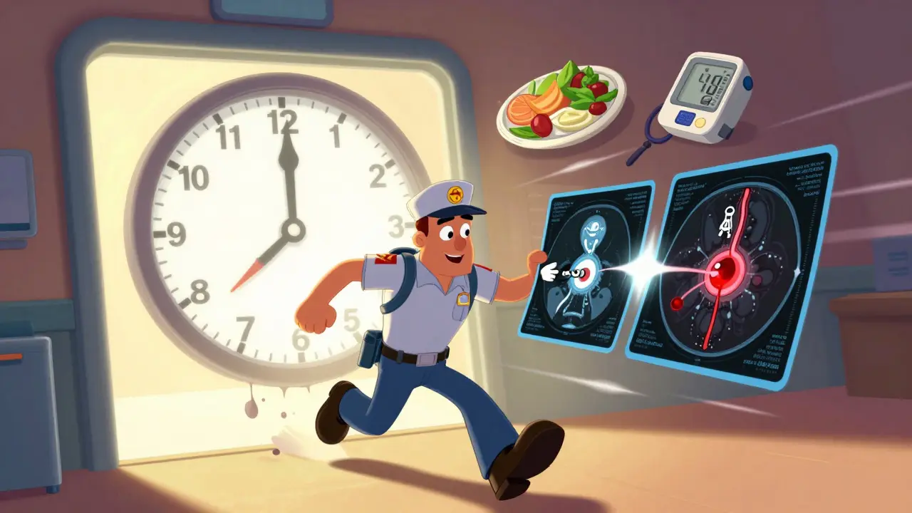 A paramedic in an ER with a CT scan showing clot removal and aneurysm repair, surrounded by health symbols in DreamWorks style.
