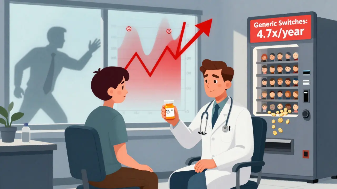 A patient in a doctor’s office with a fluctuating medical graph behind them, while a shadowy figure tosses coins into a generic switch machine.