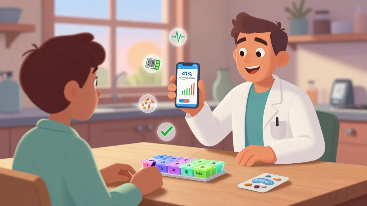 A patient organizing pills with a pharmacist showing a digital app, in a warm, hopeful home setting.