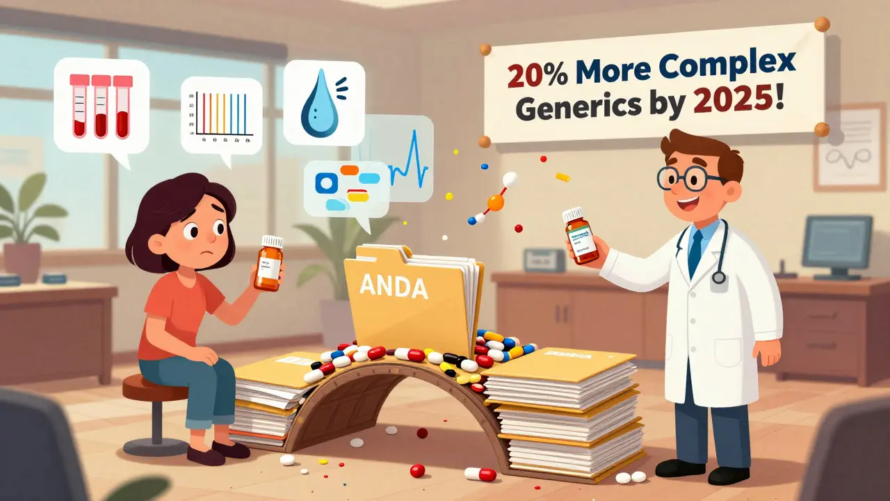 A patient receiving a generic pill from a doctor, with floating icons of drug tests and a banner about future generics.