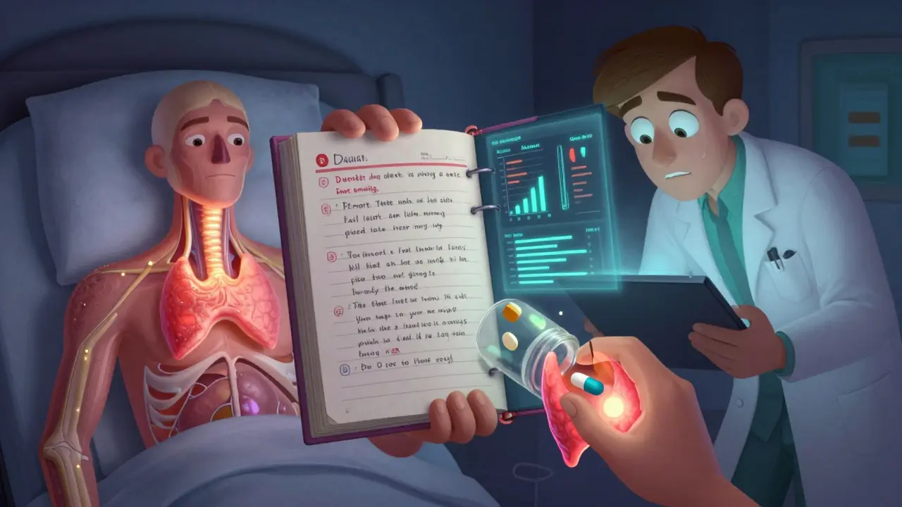 A patient showing a journal to a doctor, with a split-screen of their stable and unstable thyroid.