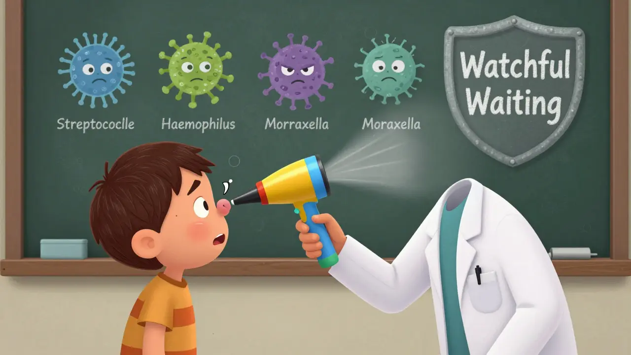 A pediatrician using a colorful otoscope to check a child's ear, with cartoon bacteria and a 'Watchful Waiting' sign.