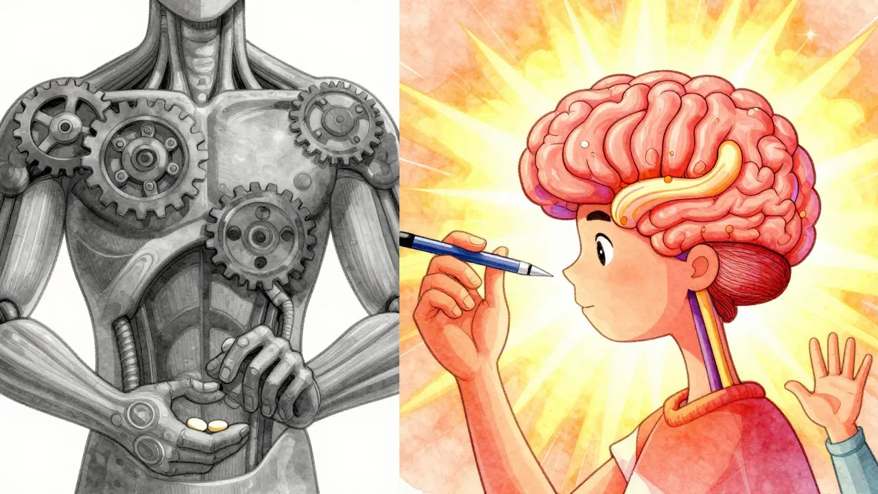 A person regaining movement as dopamine activates their brain, with stiff limbs transforming into fluid motion.