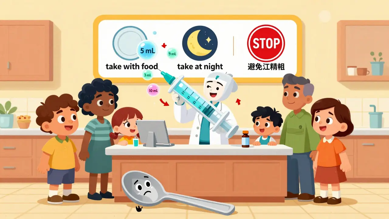 A pharmacist demonstrates measuring liquid medicine with a syringe while a broken spoon lies nearby.