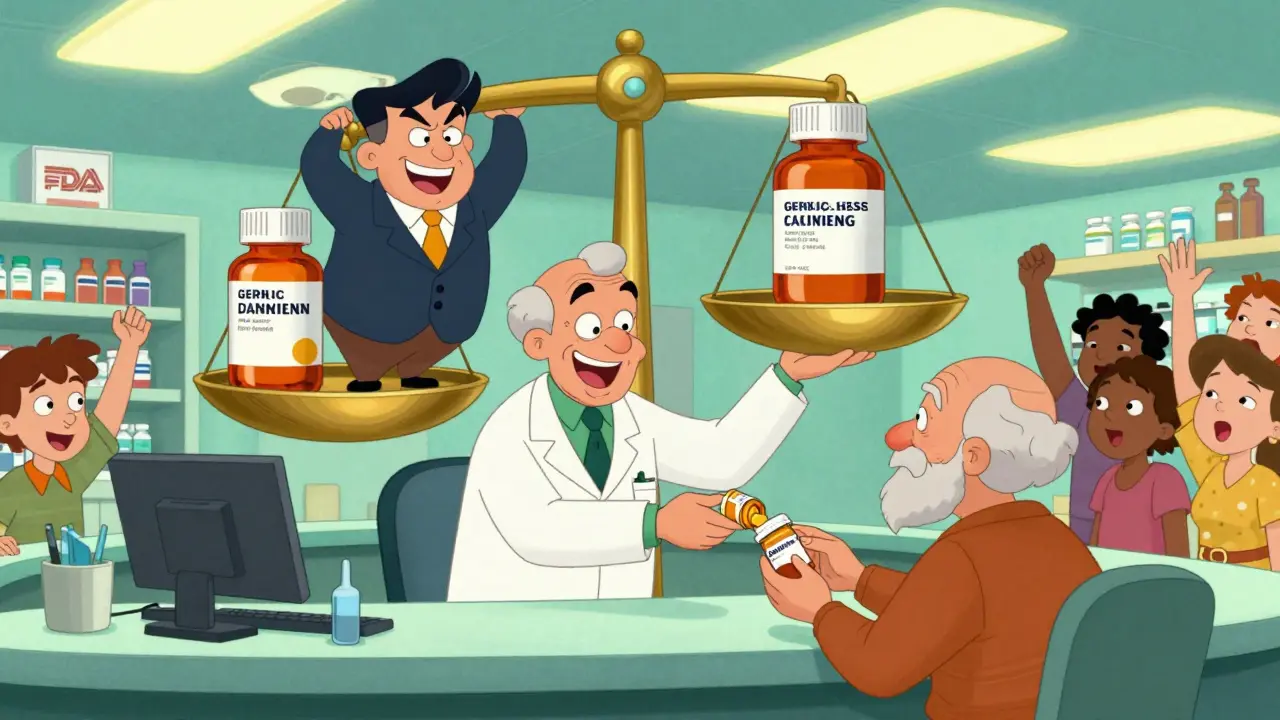 A pharmacist gives a generic pill to a patient while a scale contrasts expensive brand drugs with affordable generics.