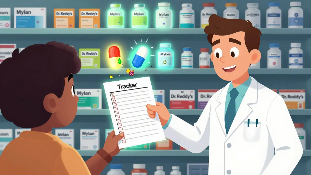 A pharmacist giving a patient a printed medication tracker while colorful generic pills glow on shelves.