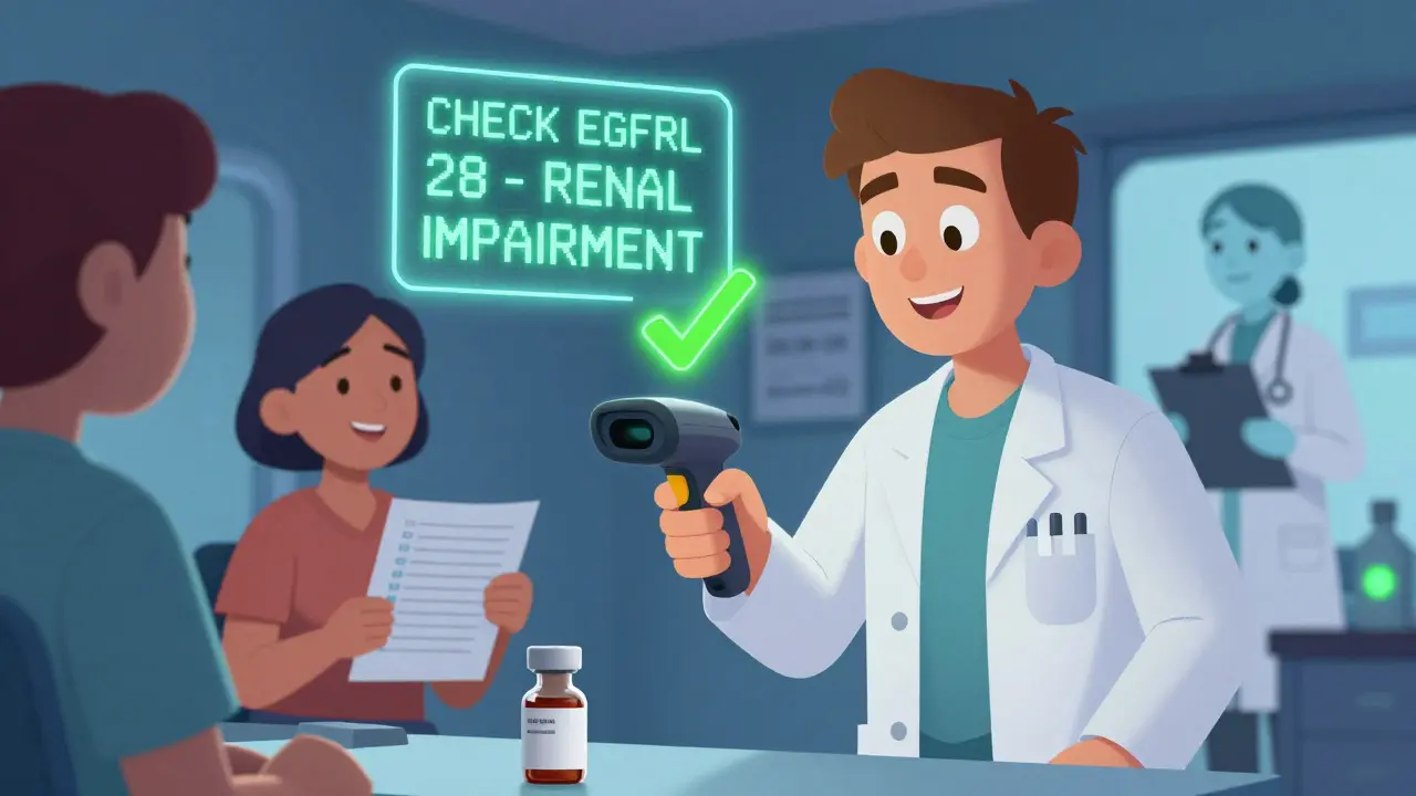 A pharmacist scanning a medication with a digital alert showing kidney function warning, while a patient holds a medication list.