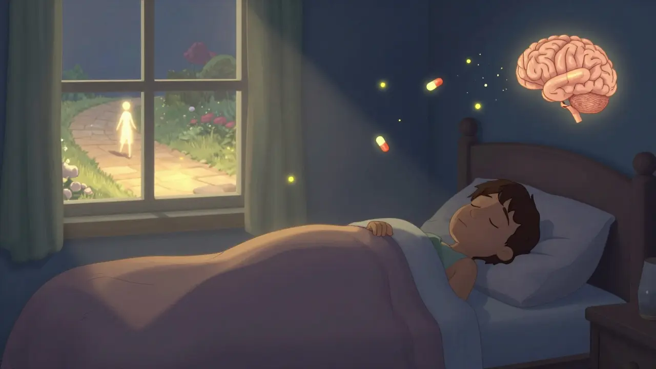 A sleeping person surrounded by floating levodopa capsules turning into dopamine light, symbolizing hope and therapy.