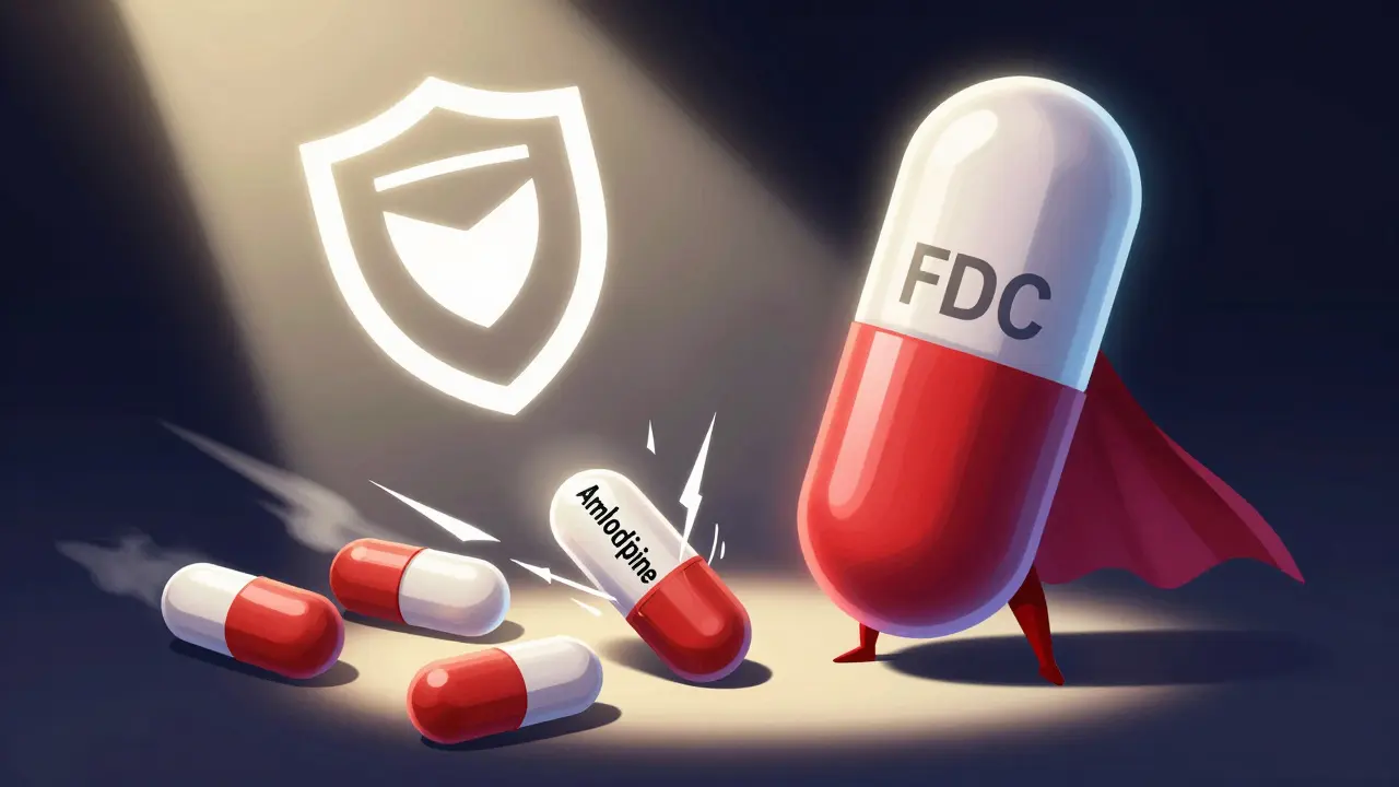 A superhero pill beside three chaotic generic pills, symbolizing stability versus untested combinations.