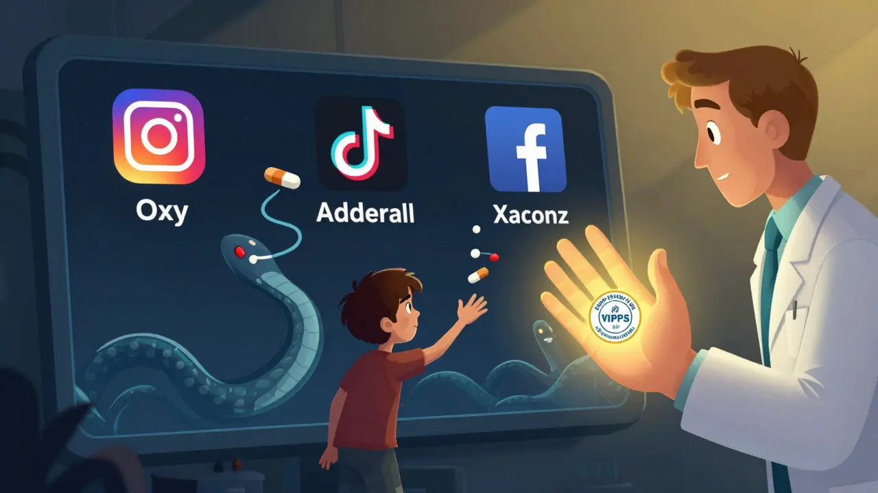 A teen tempted by fake pills on social media while a pharmacist reaches out with a safety seal.