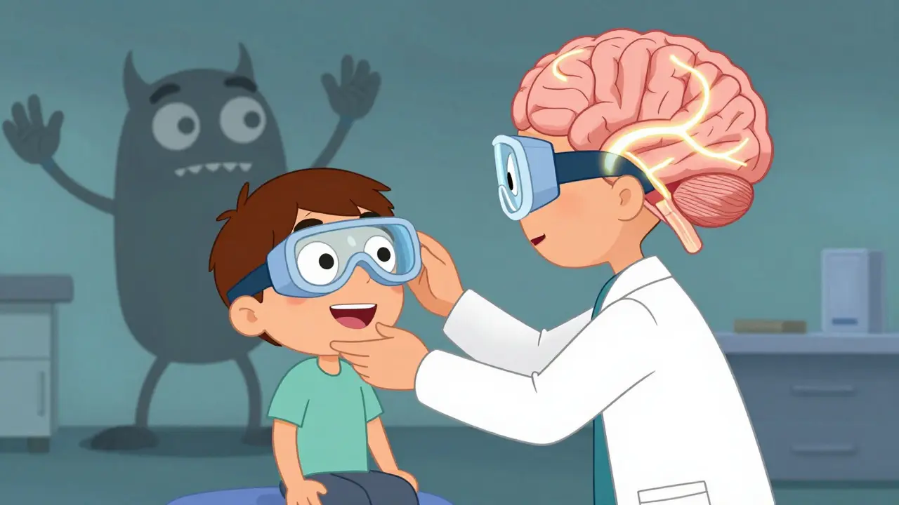 A therapist performing the Epley maneuver with animated eye paths, while a stroke monster fades away in the background.