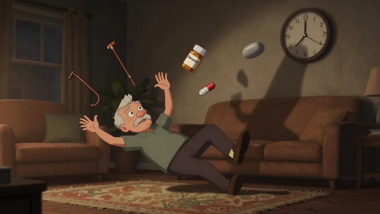 An elderly person falling in a living room, with pill bottle and cane floating in slow motion.